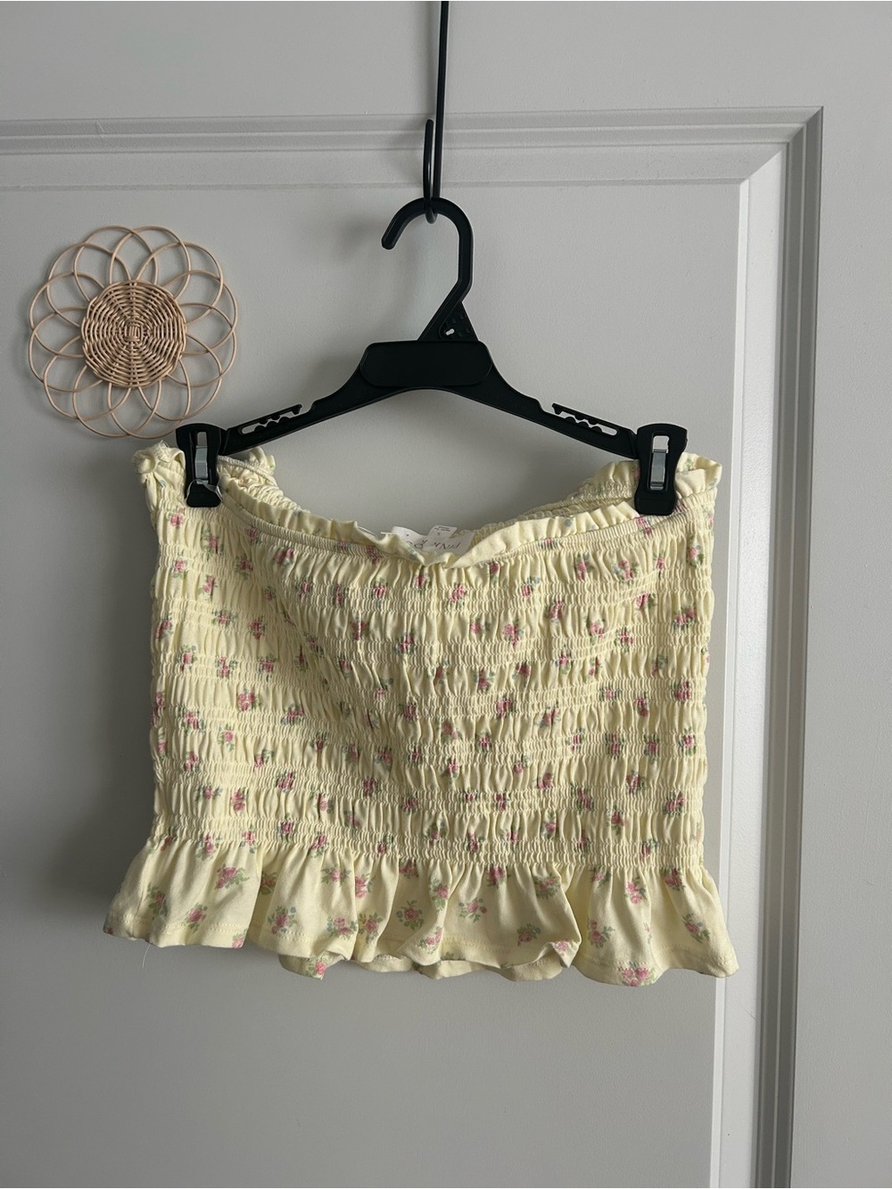 Pink Rose Yellow Smocked Floral Ruffle Tube Top